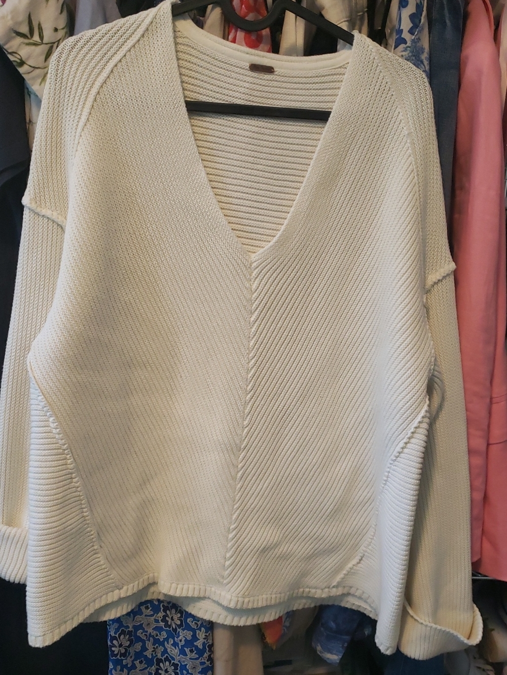 Free People Cream V-Neck Ribbed Sweater